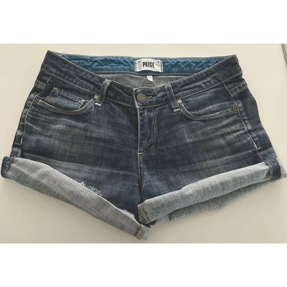 Women's Paige Premium Denim Shorts Mid Rise Raw Hem Relaxed Boyfriend SZ 25